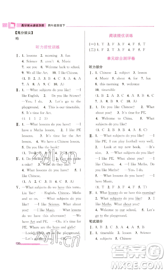 江蘇鳳凰美術(shù)出版社2023高分拔尖提優(yōu)訓(xùn)練四年級下冊英語譯林版江蘇專版參考答案