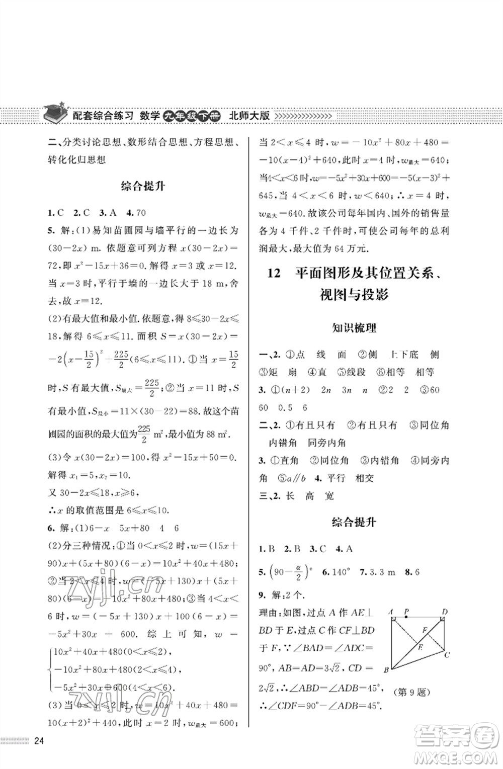 北京師范大學(xué)出版社2023數(shù)學(xué)配套綜合練習(xí)九年級下冊北師大版參考答案