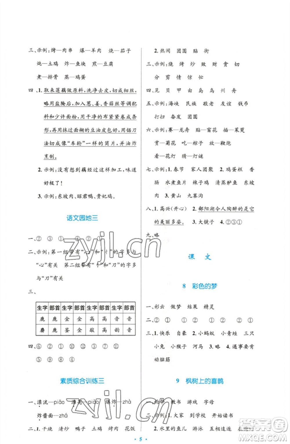 人民教育出版社2023小學(xué)同步測控優(yōu)化設(shè)計二年級語文下冊人教版增強版參考答案