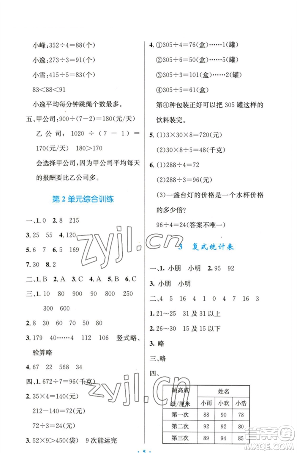 人民教育出版社2023小學同步測控優(yōu)化設計三年級數(shù)學下冊人教版精編版參考答案