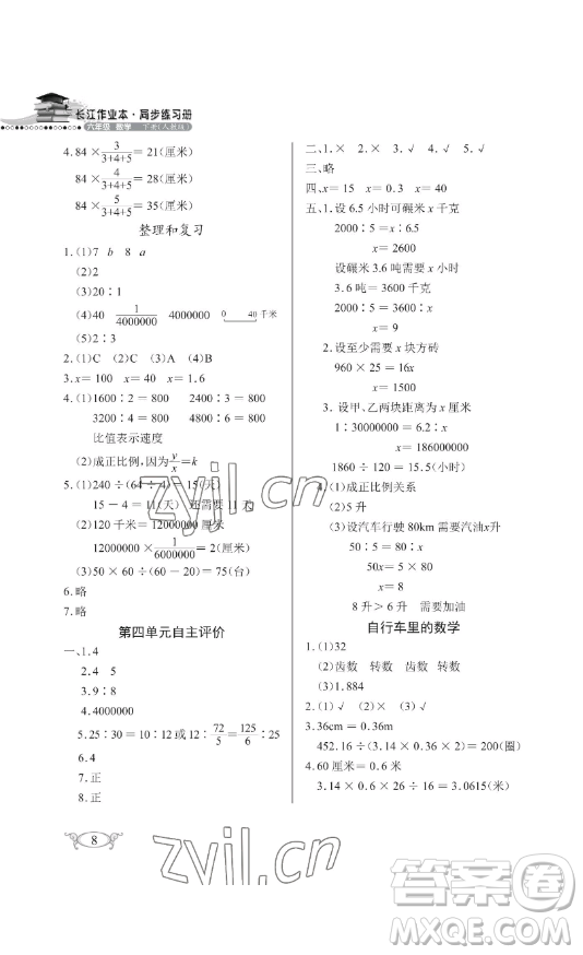 湖北教育出版社2023長(zhǎng)江作業(yè)本同步練習(xí)冊(cè)六年級(jí)數(shù)學(xué)下冊(cè)人教版參考答案