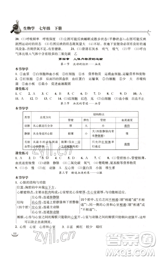 湖北教育出版社2023長(zhǎng)江作業(yè)本同步練習(xí)冊(cè)七年級(jí)生物學(xué)下冊(cè)人教版參考答案