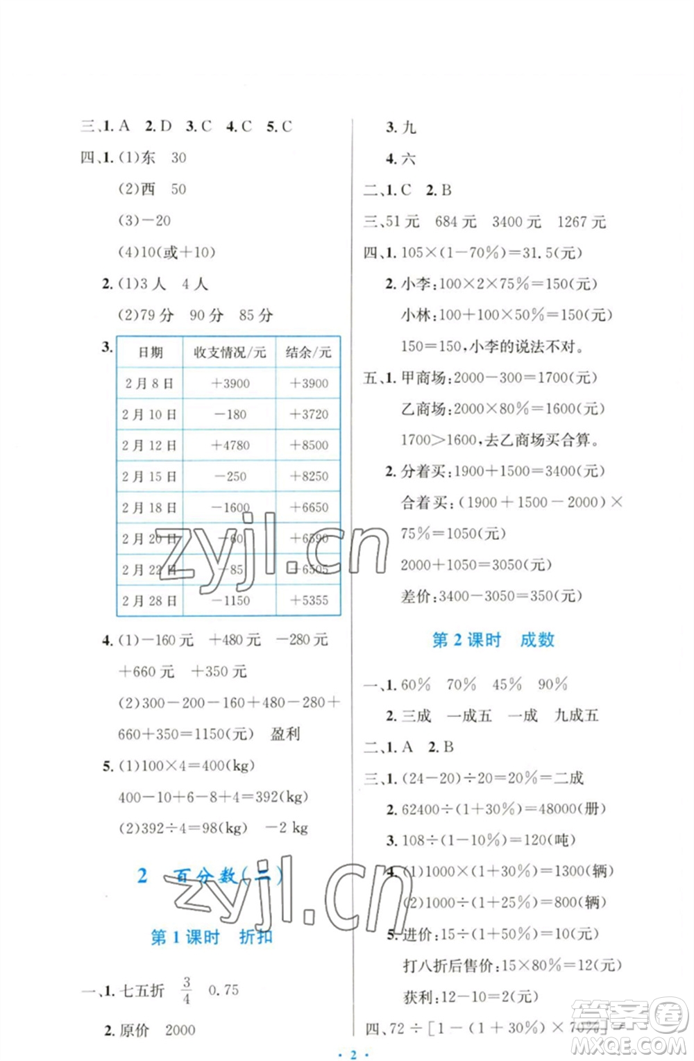 人民教育出版社2023小學(xué)同步測控優(yōu)化設(shè)計(jì)六年級數(shù)學(xué)下冊人教版增強(qiáng)版參考答案