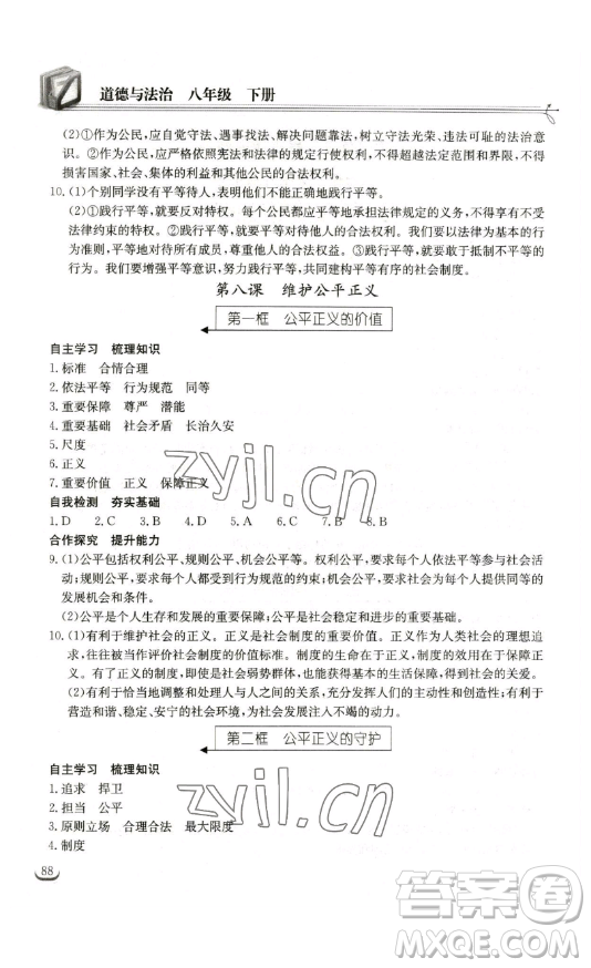 湖北教育出版社2023長江作業(yè)本同步練習(xí)冊八年級道德與法治下冊人教版參考答案