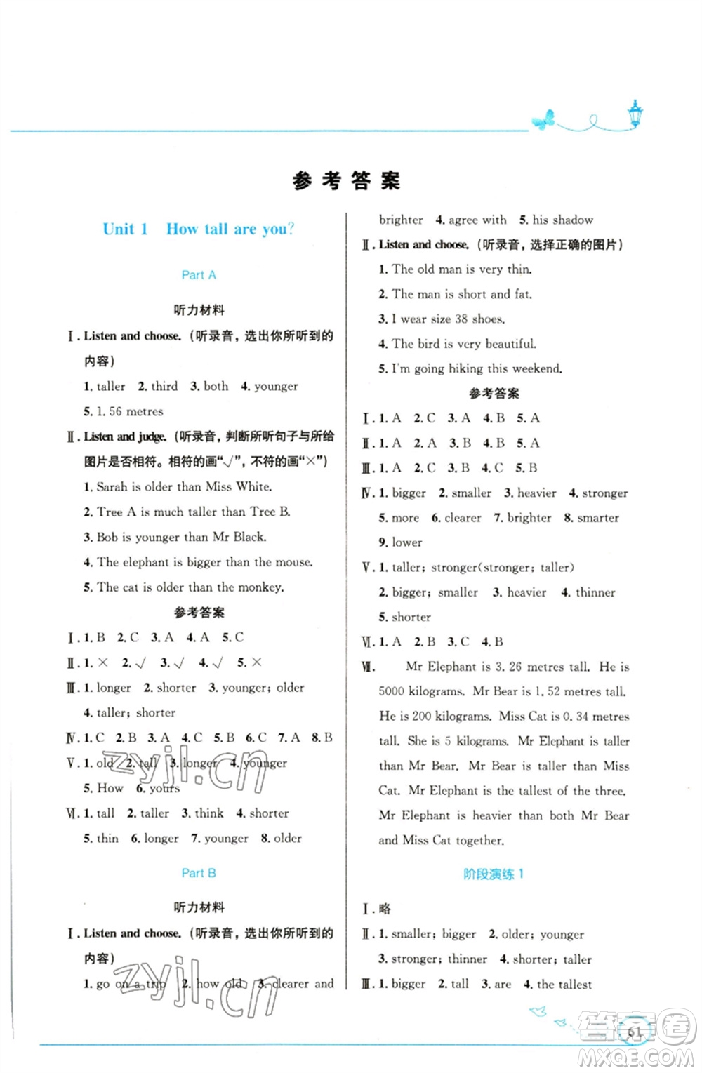 人民教育出版社2023小學(xué)同步測(cè)控優(yōu)化設(shè)計(jì)六年級(jí)英語(yǔ)下冊(cè)人教PEP版精編版參考答案