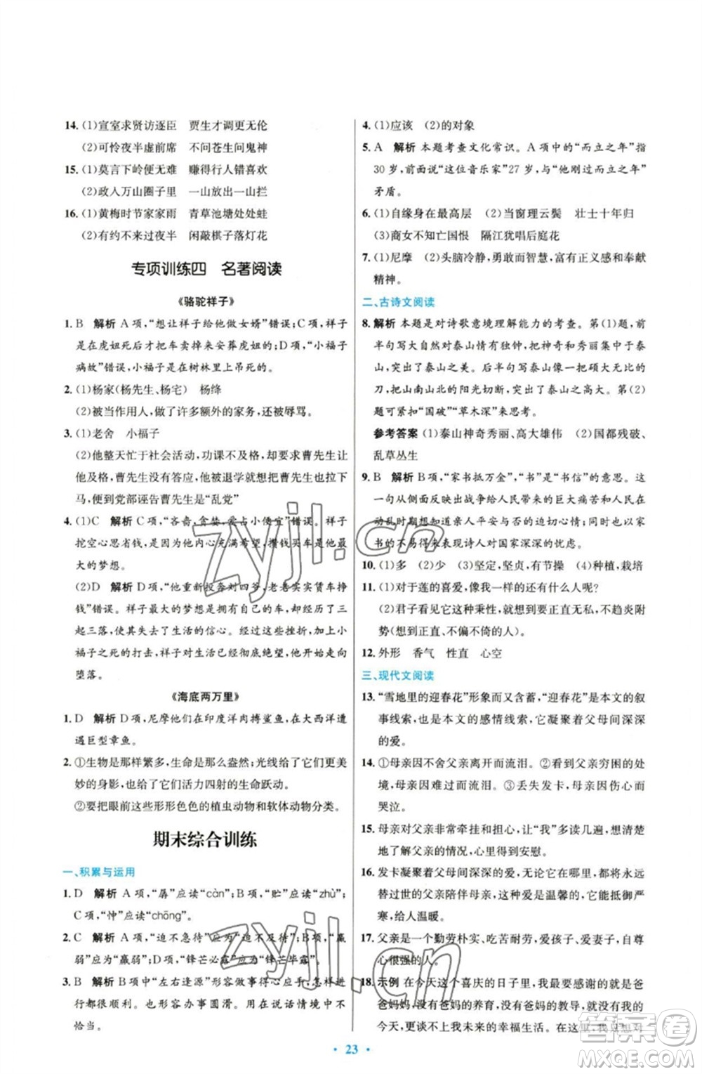 人民教育出版社2023初中同步測(cè)控優(yōu)化設(shè)計(jì)七年級(jí)語(yǔ)文下冊(cè)人教版參考答案