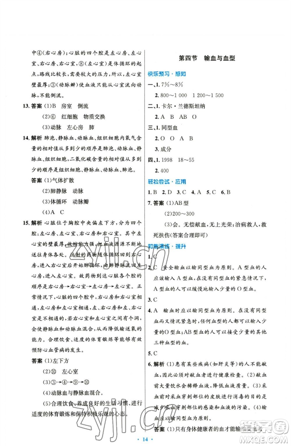 人民教育出版社2023初中同步測(cè)控優(yōu)化設(shè)計(jì)七年級(jí)生物下冊(cè)人教版精編版參考答案