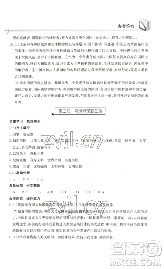 湖北教育出版社2023長江作業(yè)本同步練習冊九年級道德與法治下冊人教版參考答案