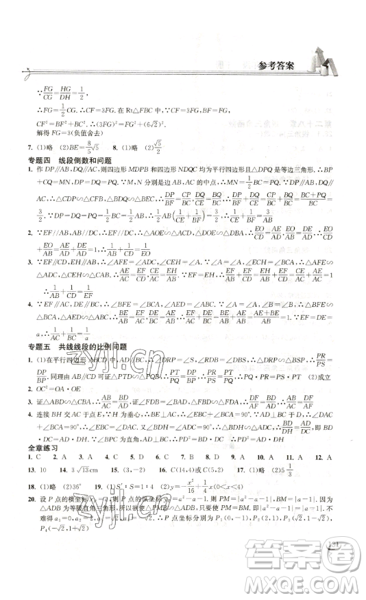 湖北教育出版社2023長(zhǎng)江作業(yè)本同步練習(xí)冊(cè)九年級(jí)數(shù)學(xué)下冊(cè)人教版參考答案