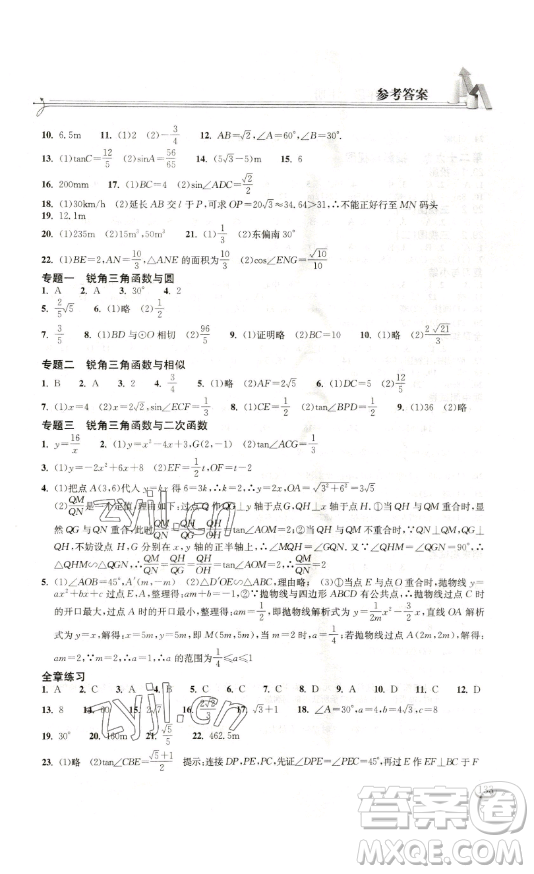 湖北教育出版社2023長(zhǎng)江作業(yè)本同步練習(xí)冊(cè)九年級(jí)數(shù)學(xué)下冊(cè)人教版參考答案