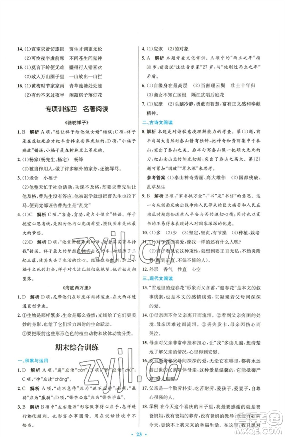 人民教育出版社2023初中同步測(cè)控優(yōu)化設(shè)計(jì)七年級(jí)語(yǔ)文下冊(cè)人教版精編版參考答案