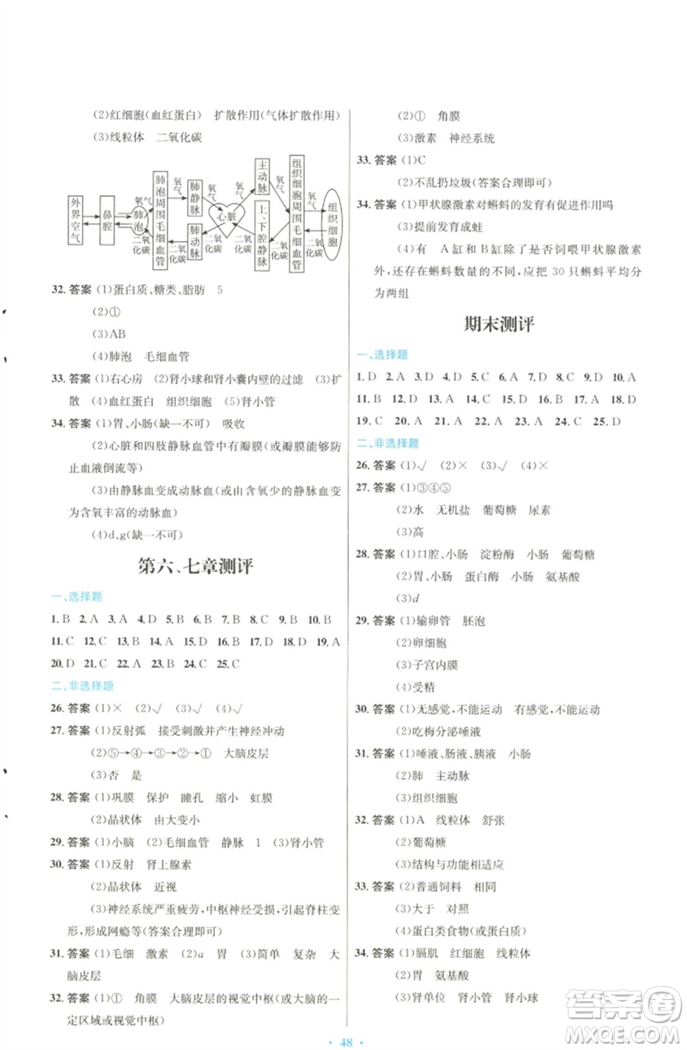 人民教育出版社2023初中同步測控優(yōu)化設(shè)計(jì)七年級(jí)生物下冊(cè)人教版福建專版參考答案