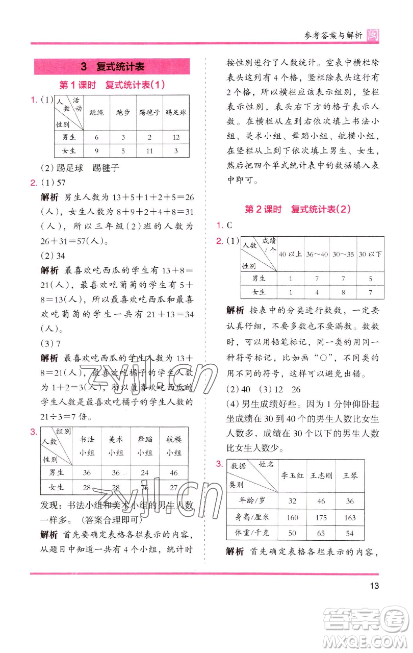 湖南師范大學出版社2023木頭馬分層課課練三年級數(shù)學下冊人教版浙江專版參考答案