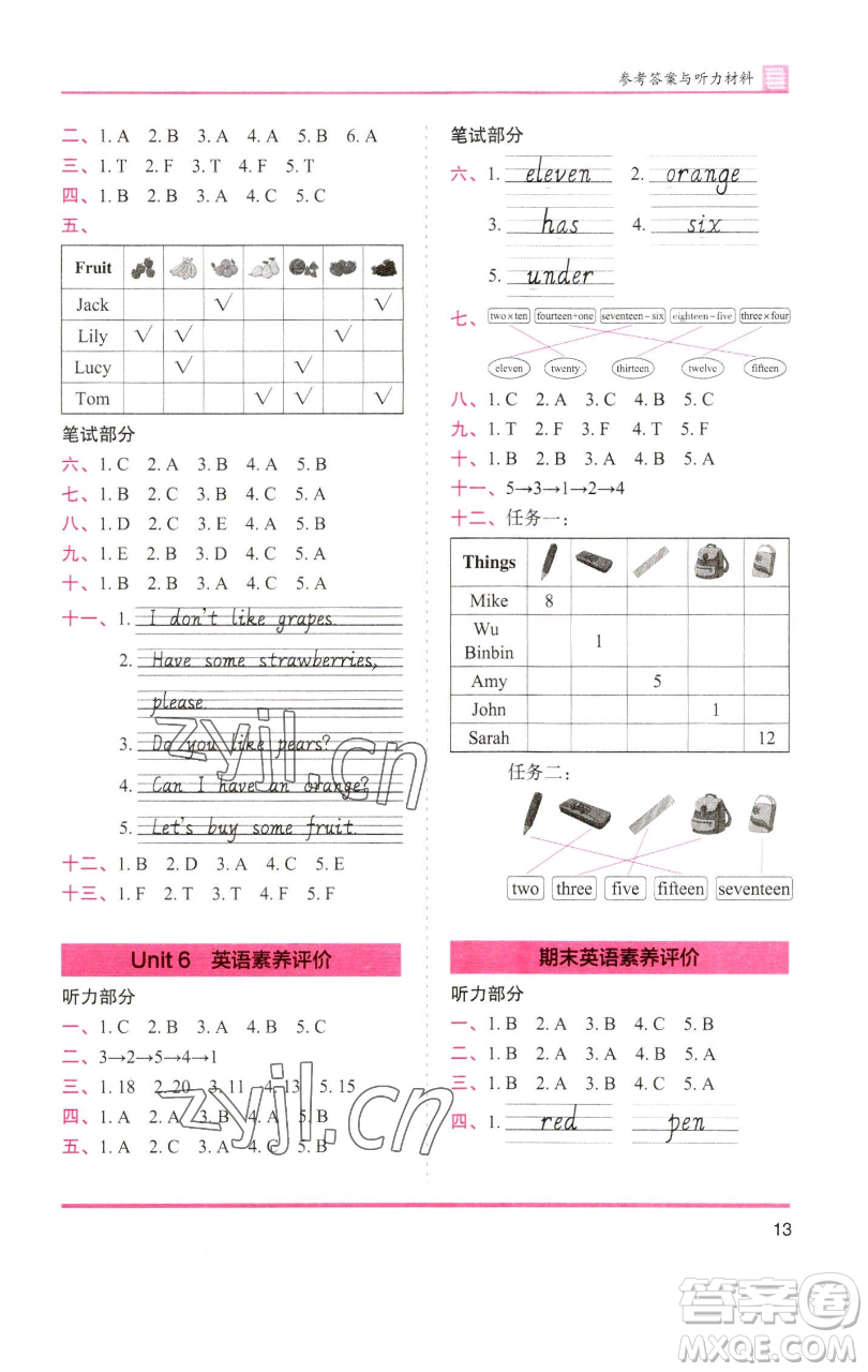 湖南師范大學(xué)出版社2023木頭馬分層課課練三年級(jí)英語(yǔ)下冊(cè)部編版福建專版參考答案