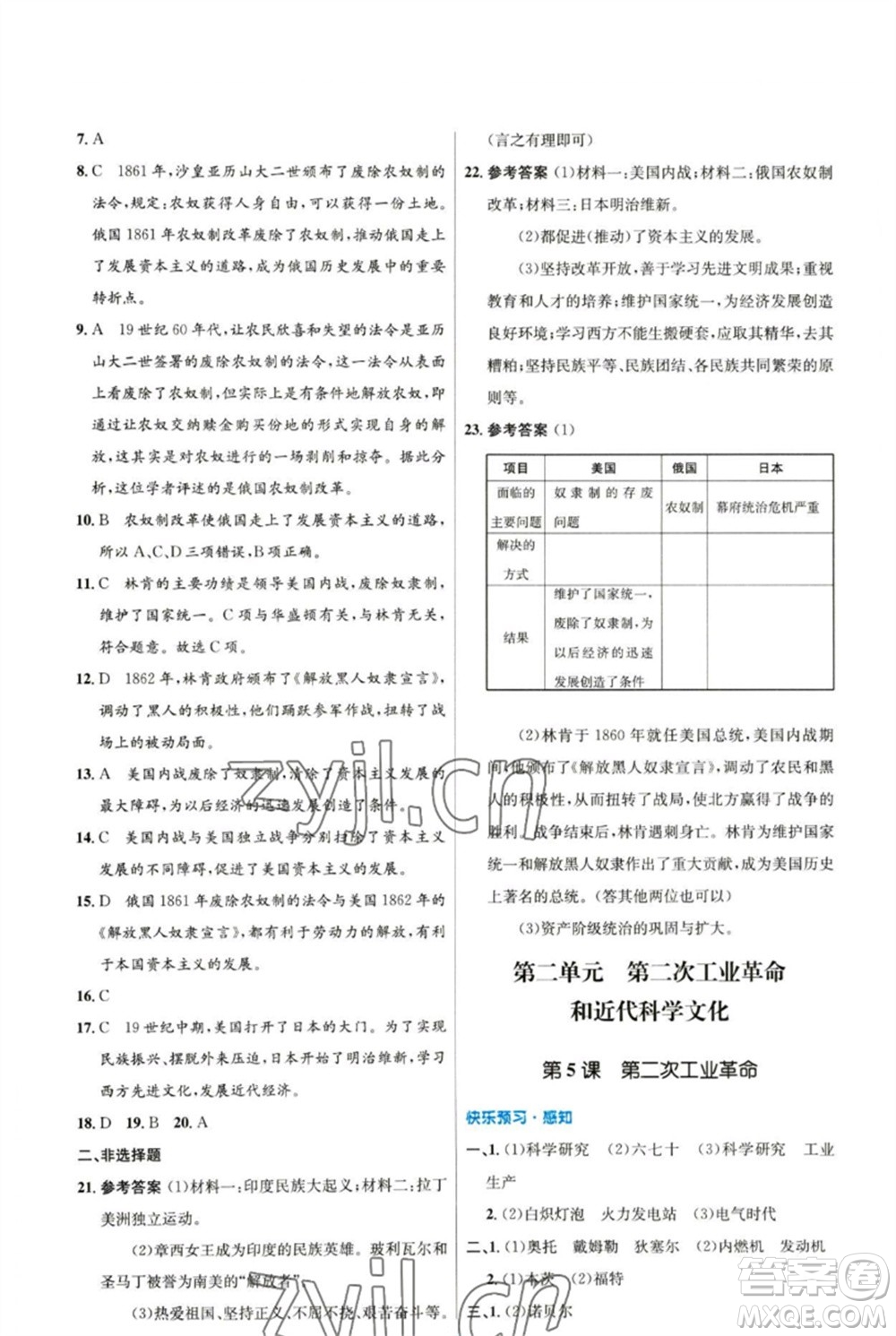 人民教育出版社2023初中同步測控優(yōu)化設(shè)計九年級世界歷史下冊人教版參考答案