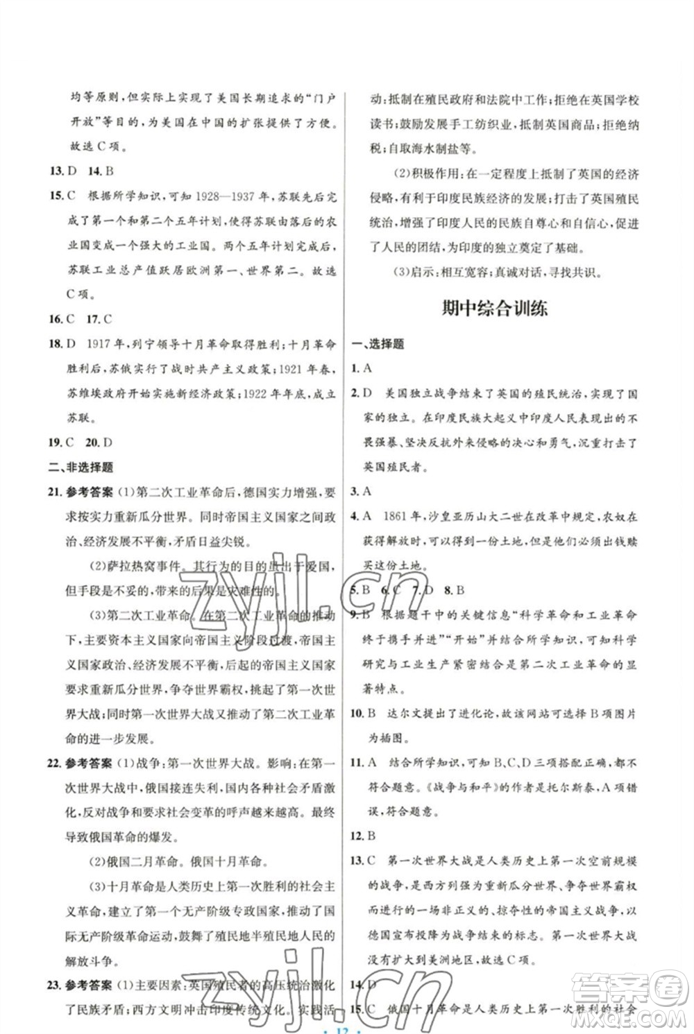 人民教育出版社2023初中同步測控優(yōu)化設(shè)計九年級世界歷史下冊人教版參考答案