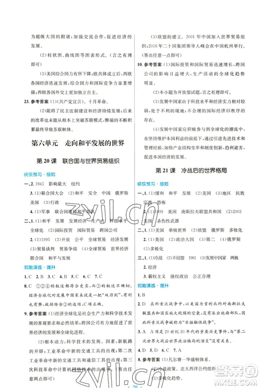 人民教育出版社2023初中同步測控優(yōu)化設(shè)計九年級世界歷史下冊人教版參考答案