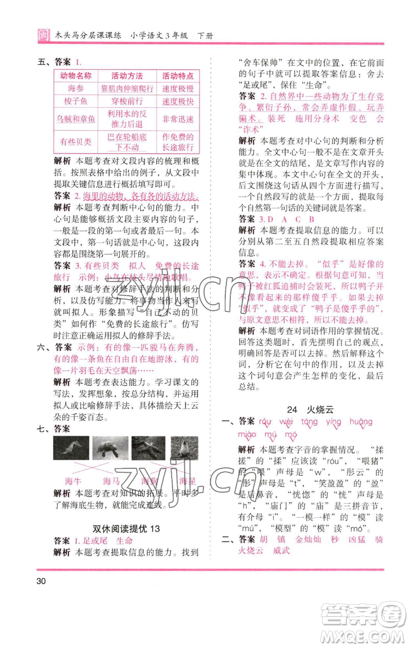 湖南師范大學(xué)出版社2023木頭馬分層課課練三年級語文下冊部編版福建專版參考答案