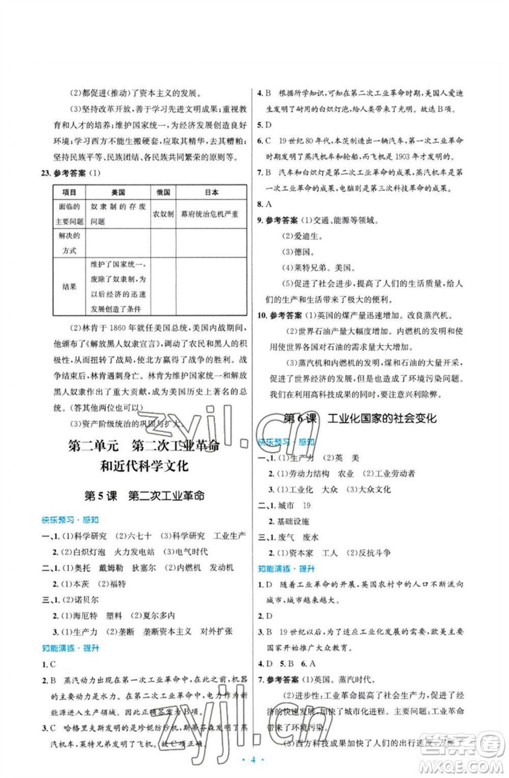 人民教育出版社2023初中同步測(cè)控優(yōu)化設(shè)計(jì)九年級(jí)世界歷史下冊(cè)人教版福建專(zhuān)版參考答案