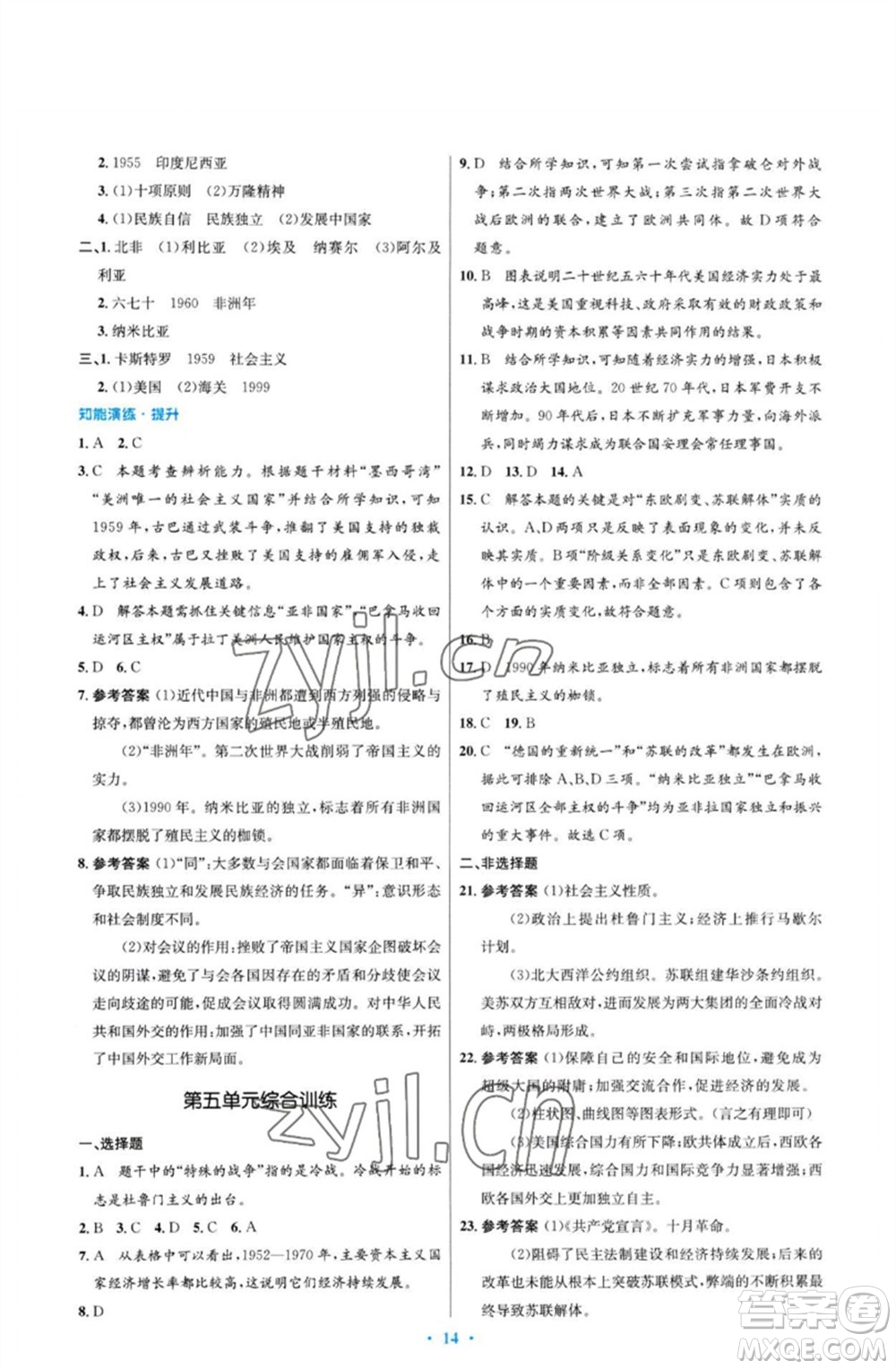 人民教育出版社2023初中同步測(cè)控優(yōu)化設(shè)計(jì)九年級(jí)世界歷史下冊(cè)人教版福建專(zhuān)版參考答案