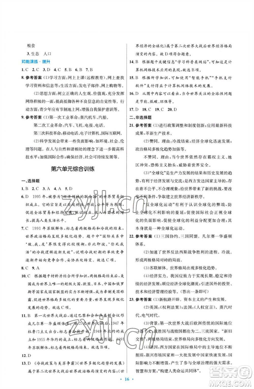 人民教育出版社2023初中同步測(cè)控優(yōu)化設(shè)計(jì)九年級(jí)世界歷史下冊(cè)人教版福建專(zhuān)版參考答案