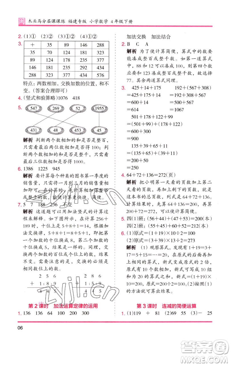 湖南師范大學(xué)出版社2023木頭馬分層課課練四年級(jí)數(shù)學(xué)下冊(cè)人教版福建專版參考答案