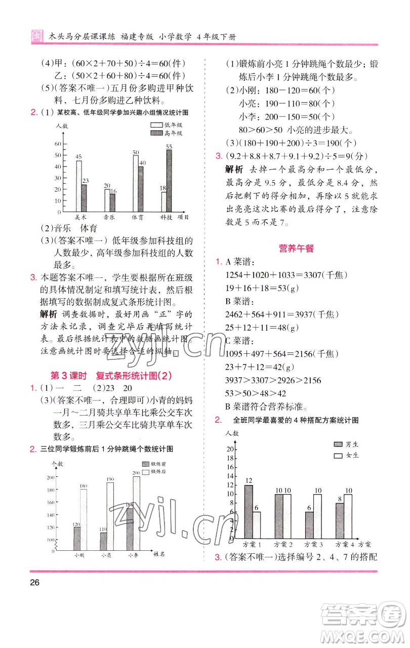 湖南師范大學(xué)出版社2023木頭馬分層課課練四年級(jí)數(shù)學(xué)下冊(cè)人教版福建專版參考答案