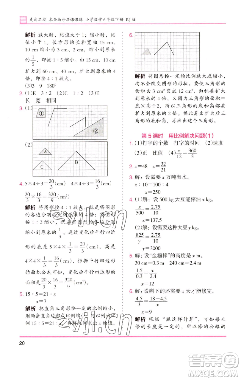 湖南師范大學(xué)出版社2023木頭馬分層課課練六年級(jí)數(shù)學(xué)下冊(cè)人教版浙江專版參考答案