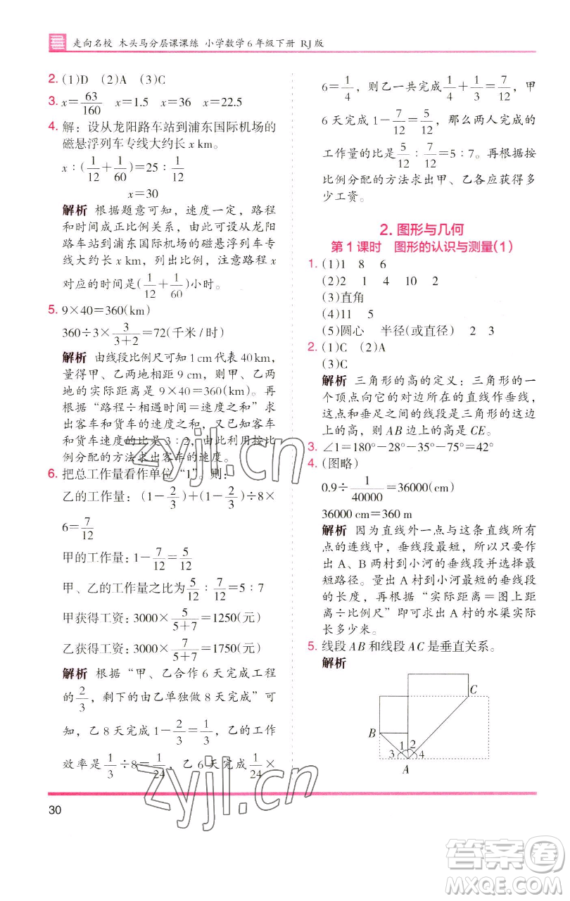 湖南師范大學(xué)出版社2023木頭馬分層課課練六年級(jí)數(shù)學(xué)下冊(cè)人教版浙江專版參考答案