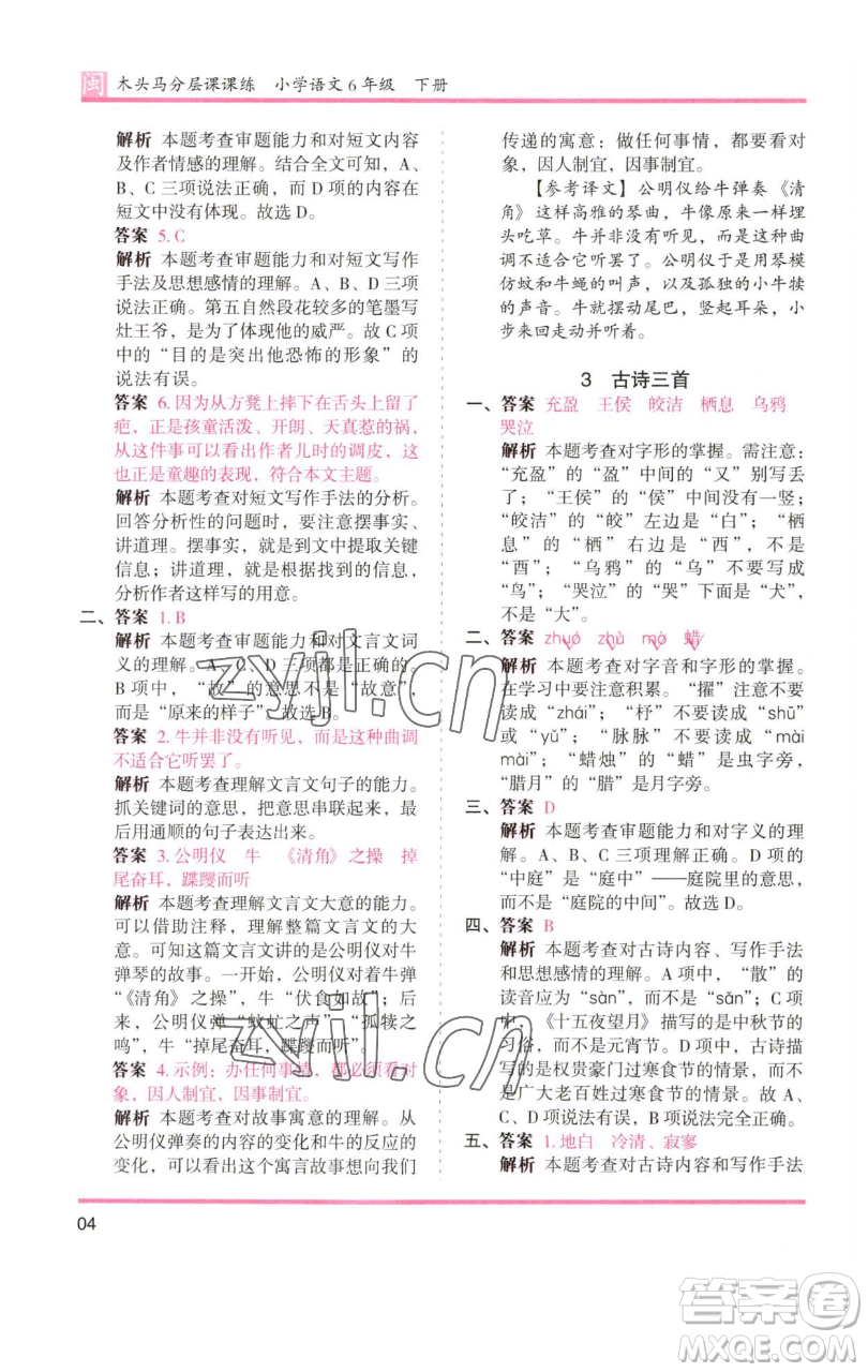 湖南師范大學(xué)出版社2023木頭馬分層課課練六年級(jí)語(yǔ)文下冊(cè)部編版福建專版參考答案