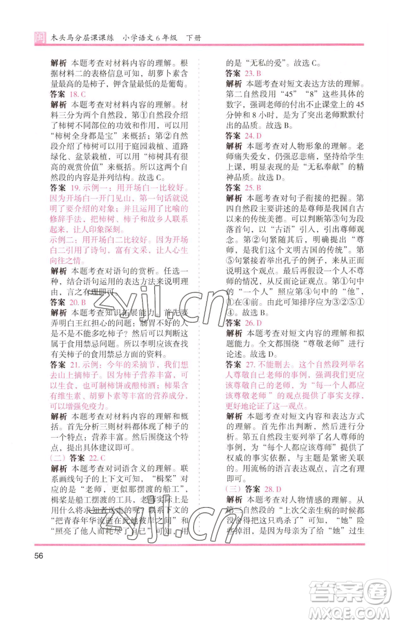 湖南師范大學(xué)出版社2023木頭馬分層課課練六年級(jí)語(yǔ)文下冊(cè)部編版福建專版參考答案