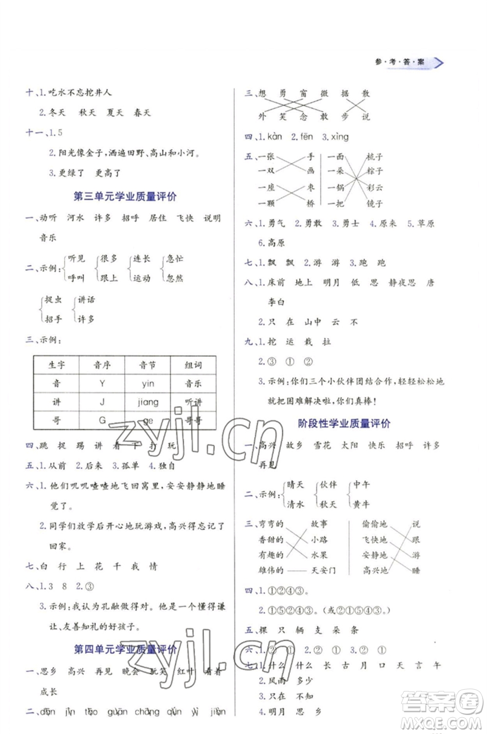 天津教育出版社2023學(xué)習(xí)質(zhì)量監(jiān)測(cè)一年級(jí)語(yǔ)文下冊(cè)人教版參考答案