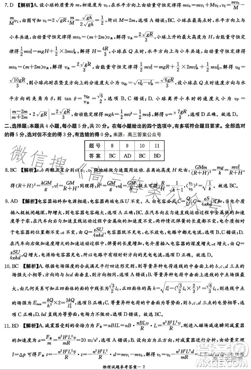 湖南省2023屆高三九校聯(lián)盟第二次聯(lián)考物理試卷答案