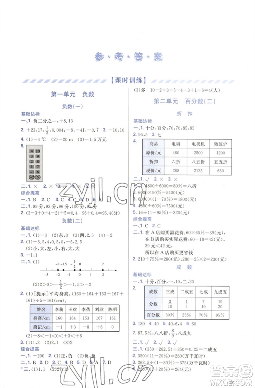 天津教育出版社2023學(xué)習(xí)質(zhì)量監(jiān)測六年級數(shù)學(xué)下冊人教版參考答案