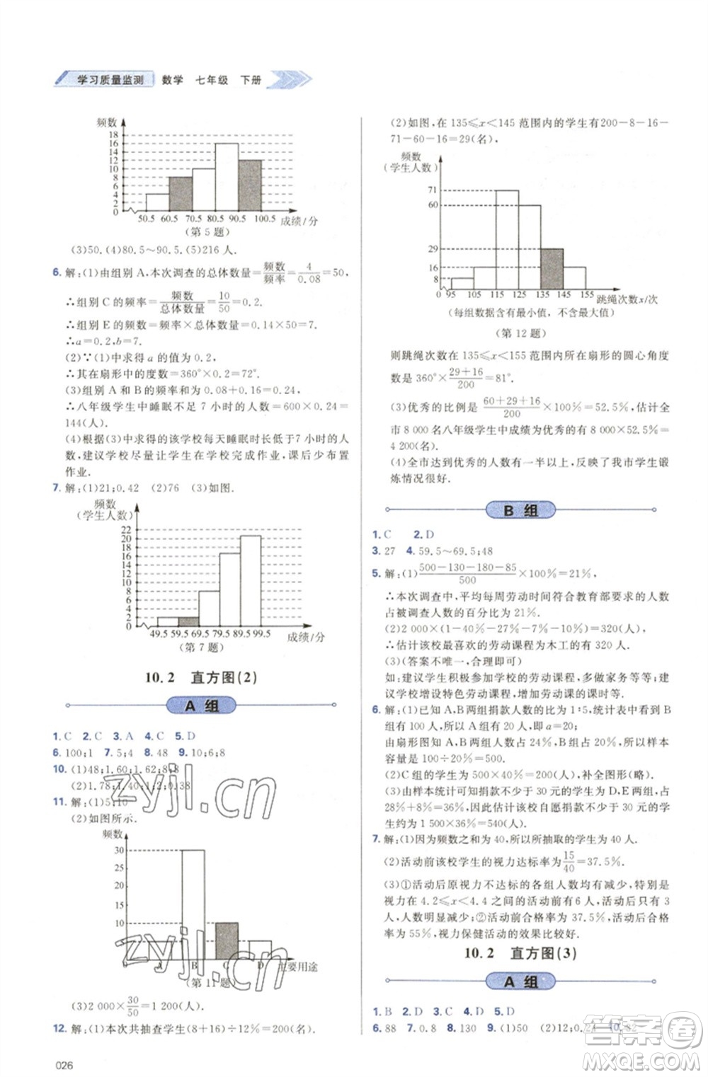 天津教育出版社2023學(xué)習(xí)質(zhì)量監(jiān)測(cè)七年級(jí)數(shù)學(xué)下冊(cè)人教版參考答案