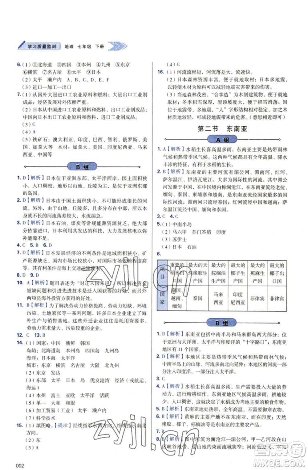 天津教育出版社2023學(xué)習(xí)質(zhì)量監(jiān)測(cè)七年級(jí)地理下冊(cè)人教版參考答案