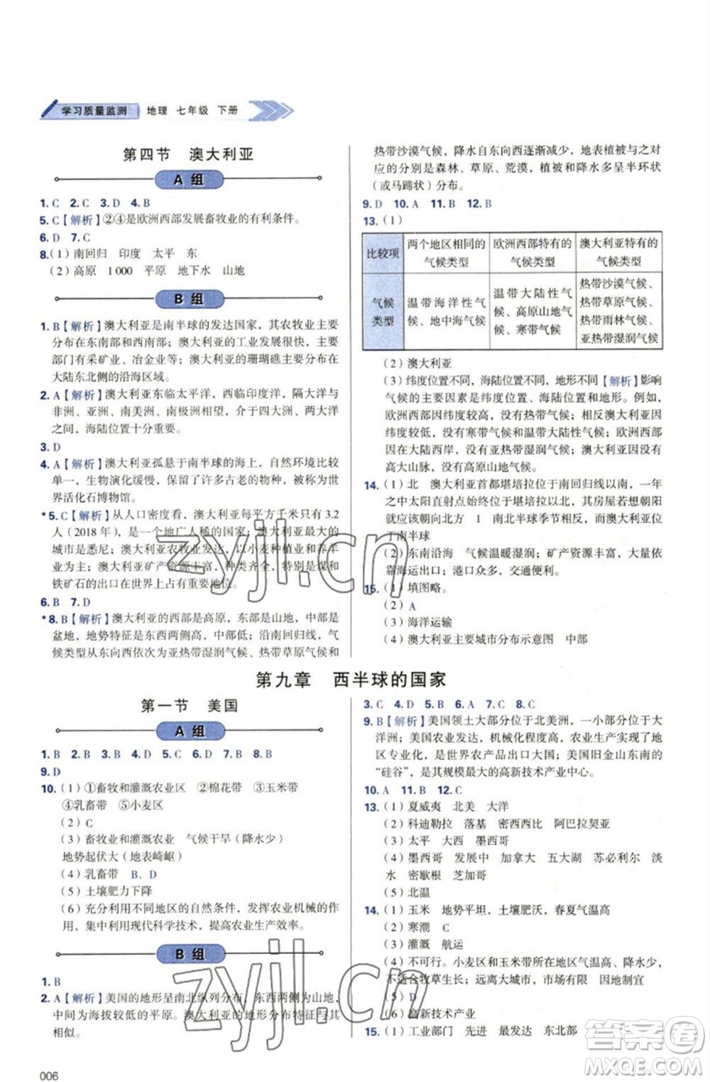 天津教育出版社2023學(xué)習(xí)質(zhì)量監(jiān)測(cè)七年級(jí)地理下冊(cè)人教版參考答案