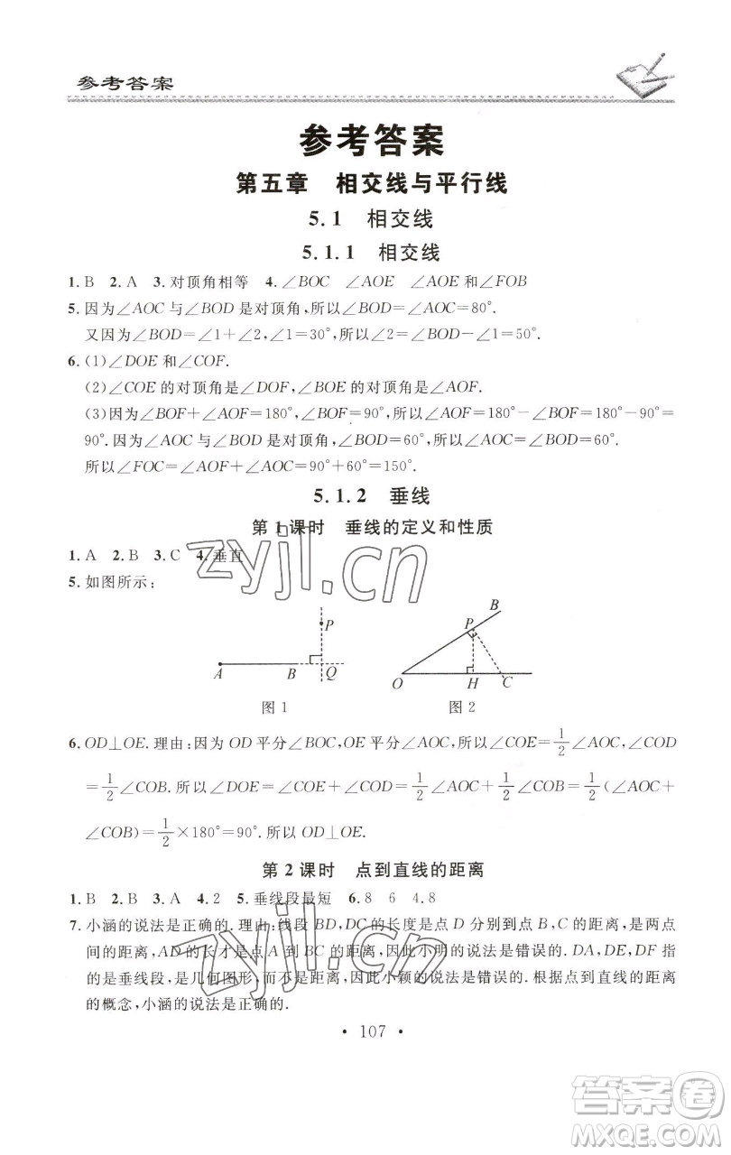 廣東經濟出版社2023名校課堂小練習七年級數(shù)學下冊人教版參考答案