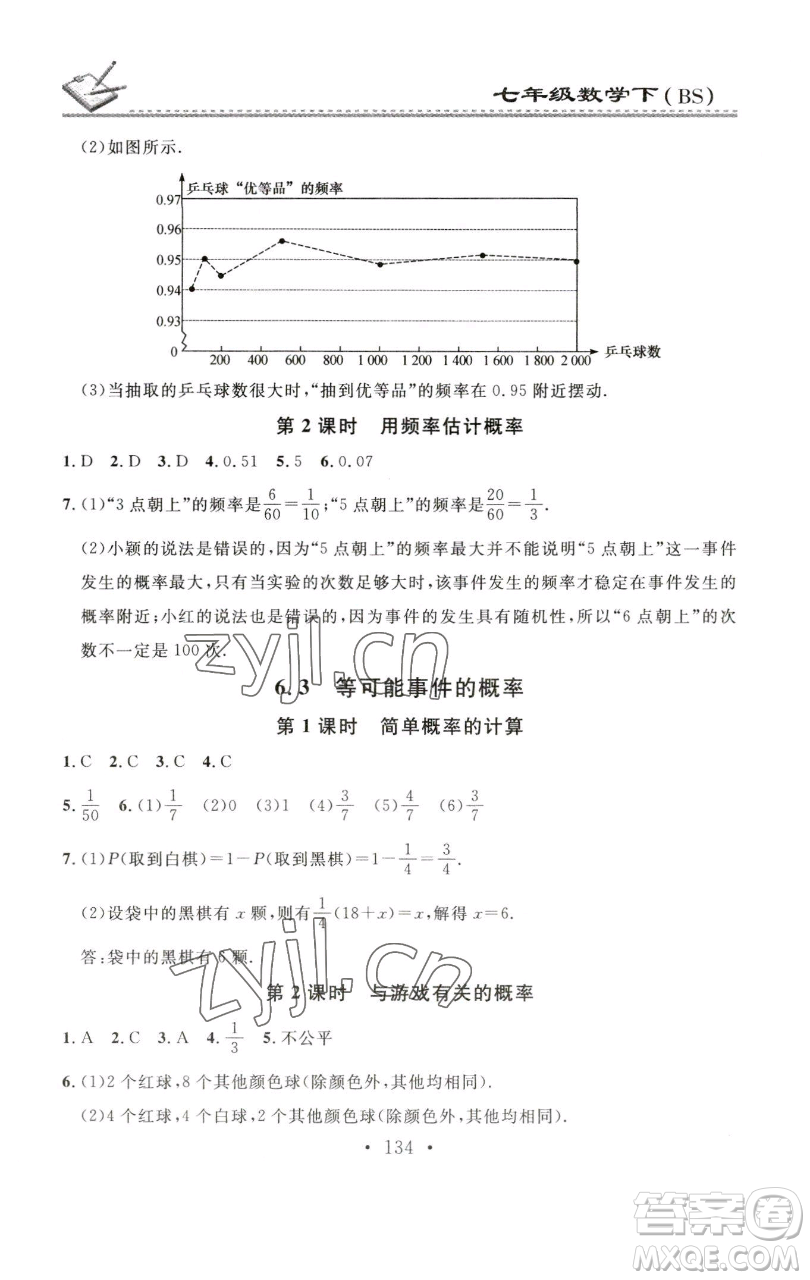 廣東經(jīng)濟出版社2023名校課堂小練習七年級數(shù)學下冊北師大版參考答案