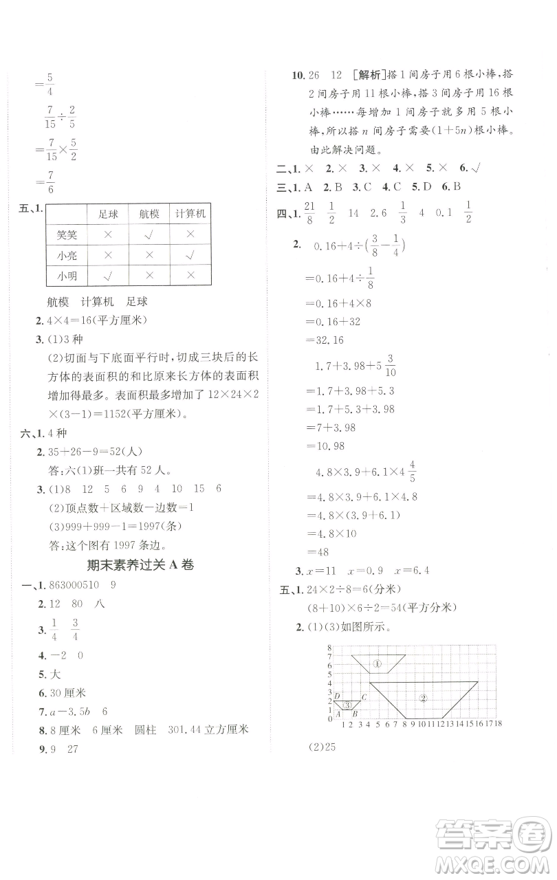 新疆青少年出版社2023海淀單元測試AB卷六年級(jí)數(shù)學(xué)下冊(cè)人教版參考答案