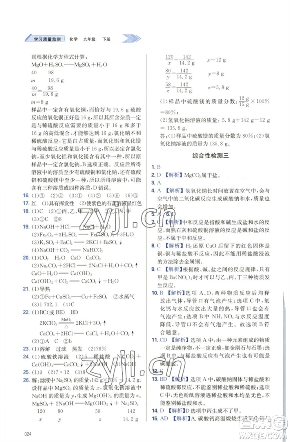 天津教育出版社2023學(xué)習(xí)質(zhì)量監(jiān)測(cè)九年級(jí)化學(xué)下冊(cè)人教版參考答案