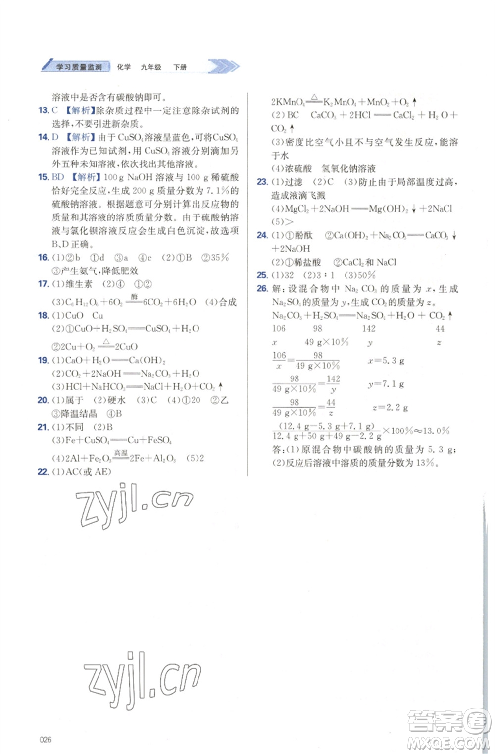 天津教育出版社2023學(xué)習(xí)質(zhì)量監(jiān)測(cè)九年級(jí)化學(xué)下冊(cè)人教版參考答案