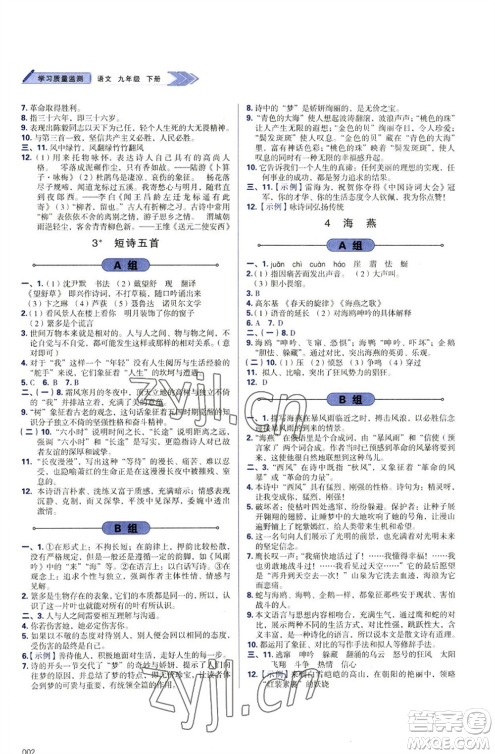 天津教育出版社2023學(xué)習(xí)質(zhì)量監(jiān)測九年級語文下冊人教版參考答案