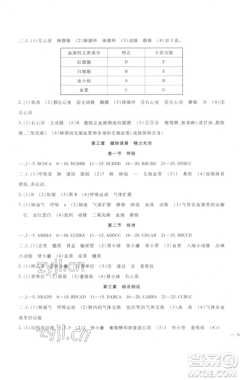 新疆文化出版社2023海淀金卷七年級生物下冊冀少版參考答案