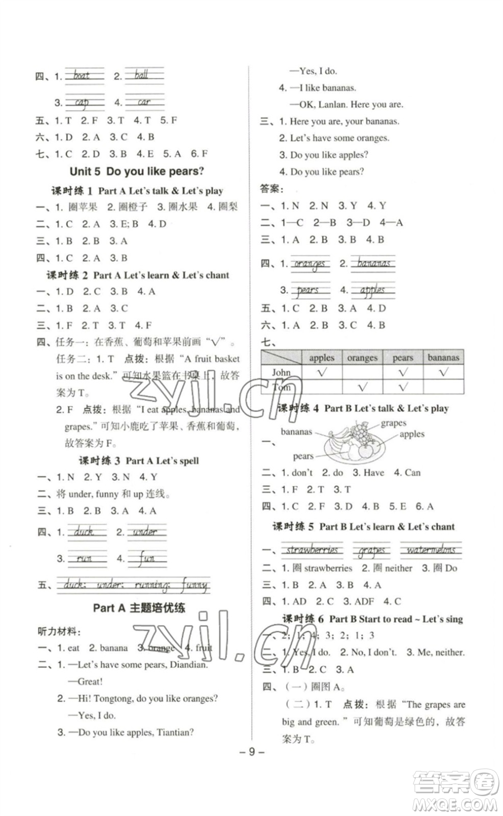 吉林教育出版社2023綜合應(yīng)用創(chuàng)新題典中點(diǎn)三年級(jí)英語(yǔ)下冊(cè)人教PEP版參考答案