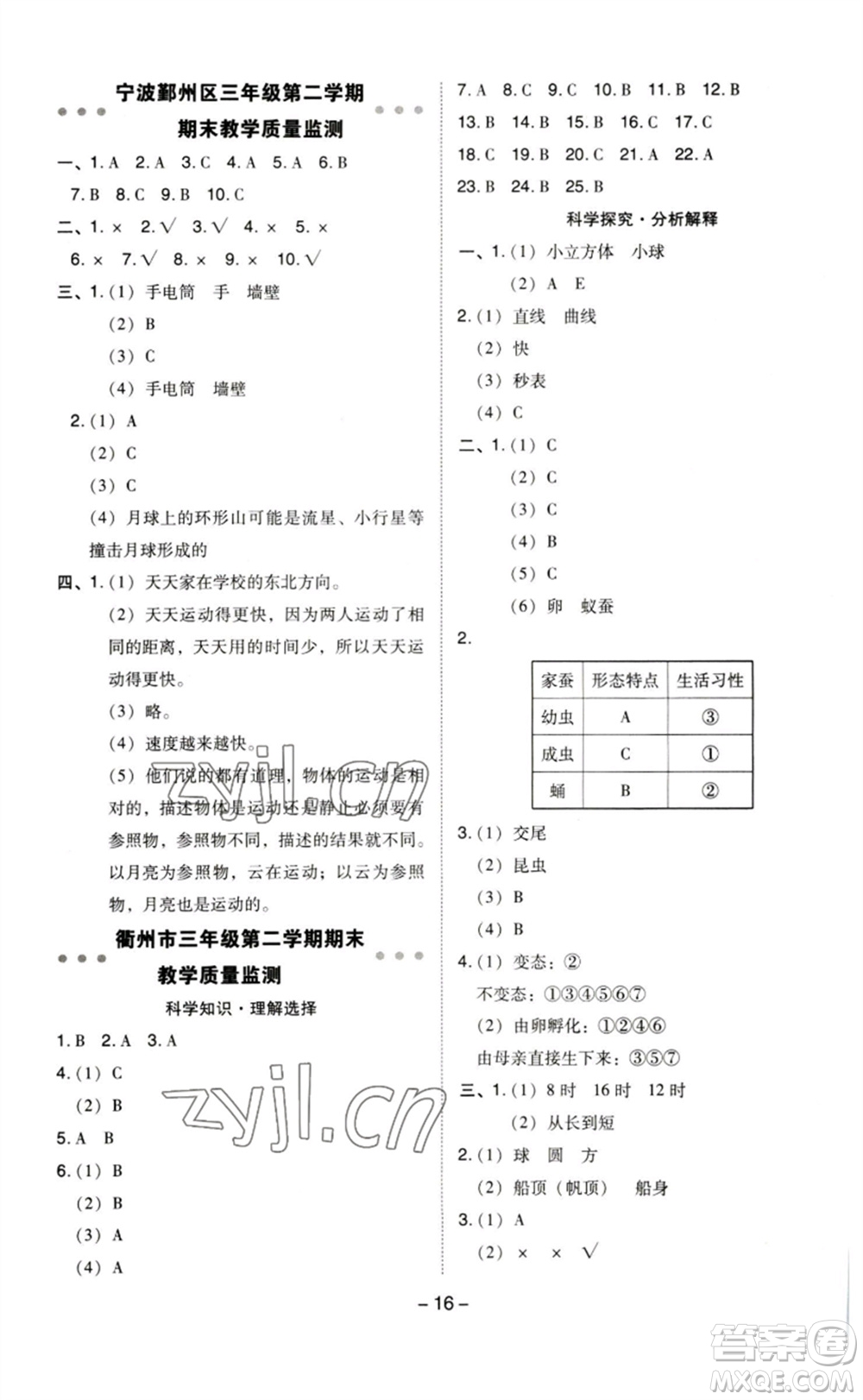 山西教育出版社2023綜合應用創(chuàng)新題典中點三年級科學下冊教科版參考答案