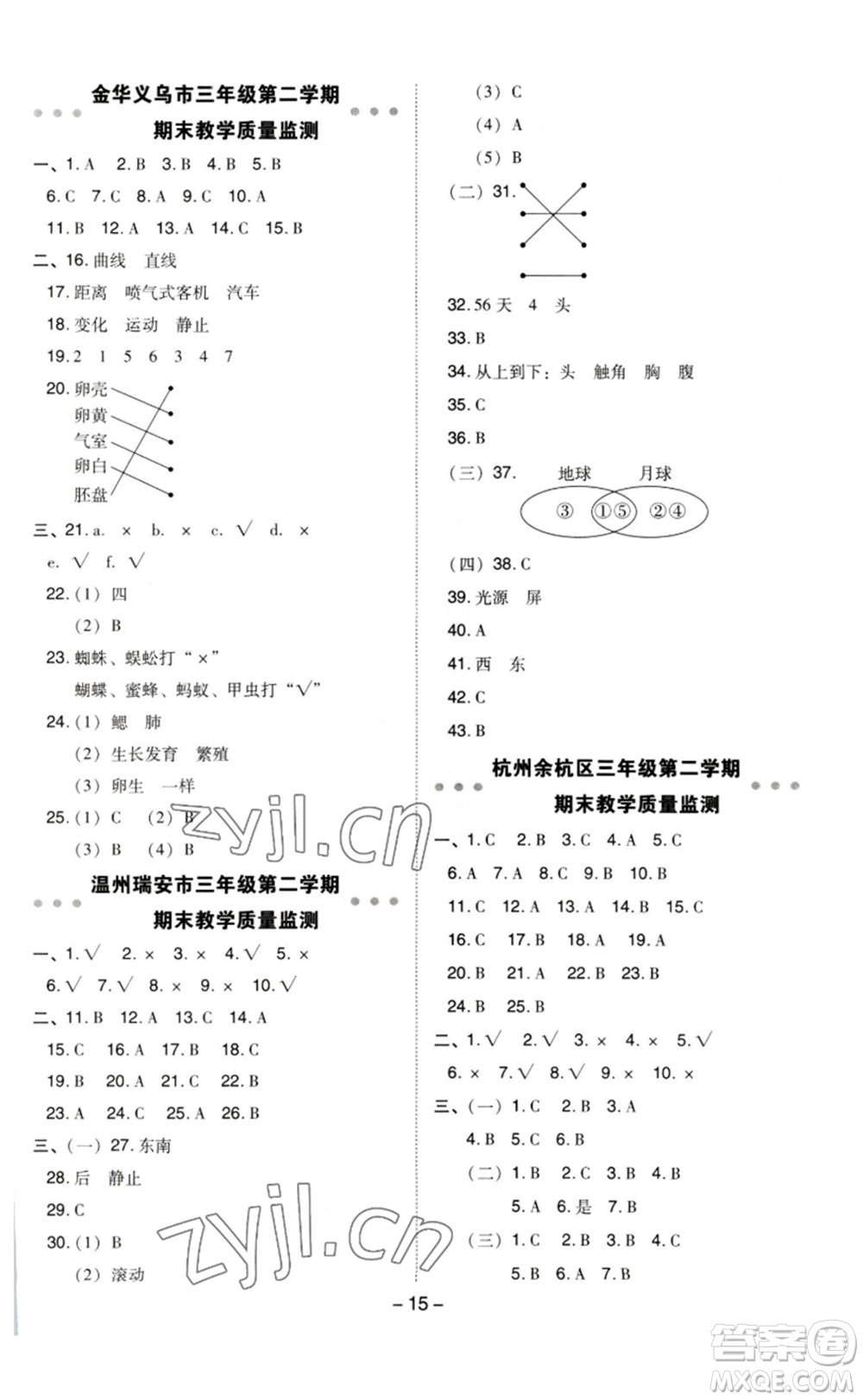 山西教育出版社2023綜合應用創(chuàng)新題典中點三年級科學下冊教科版參考答案