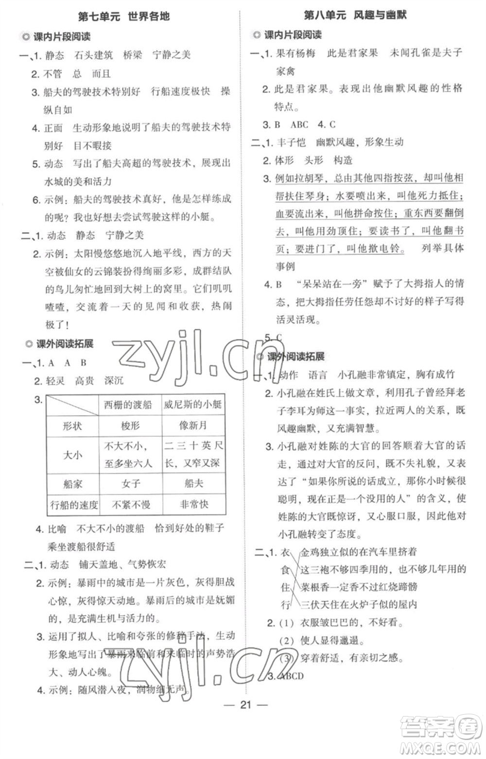 吉林教育出版社2023綜合應(yīng)用創(chuàng)新題典中點五年級語文下冊人教版浙江專版參考答案