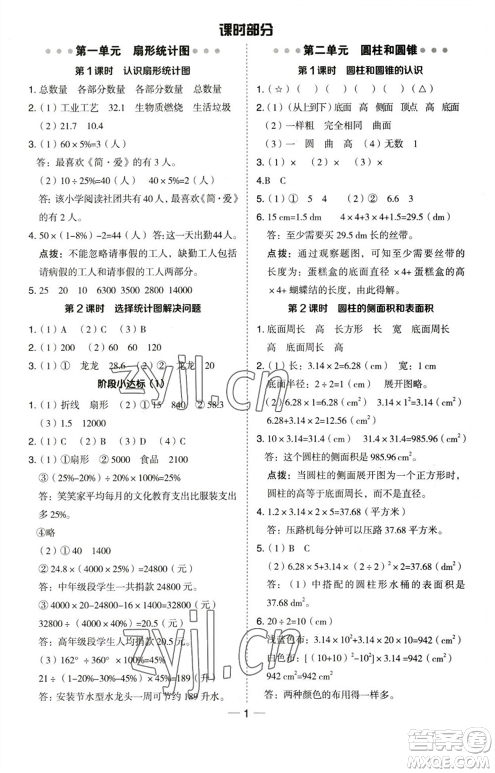 吉林教育出版社2023綜合應(yīng)用創(chuàng)新題典中點六年級數(shù)學(xué)下冊蘇教版參考答案