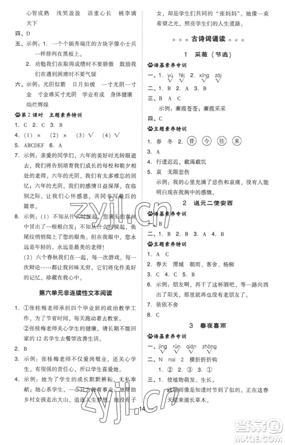 吉林教育出版社2023綜合應(yīng)用創(chuàng)新題典中點(diǎn)六年級(jí)語文下冊(cè)人教版浙江專版參考答案